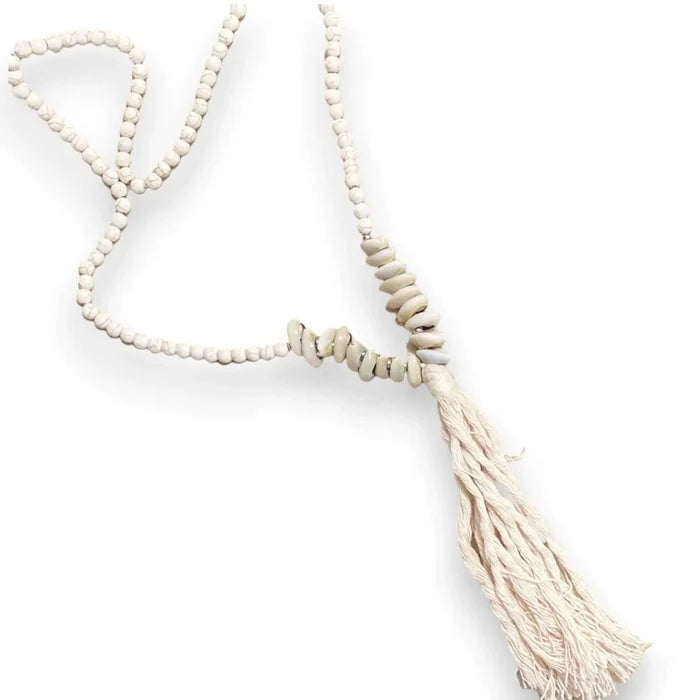 Handcrafted natural agate tassel long necklace with ivory stone beads cowrie shells and organic cotton fringe