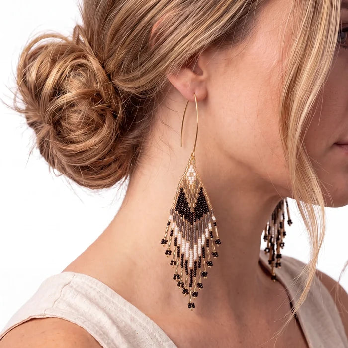 Handmade black gold beaded fringe earrings tribal diamond woven stainless steel v hooks