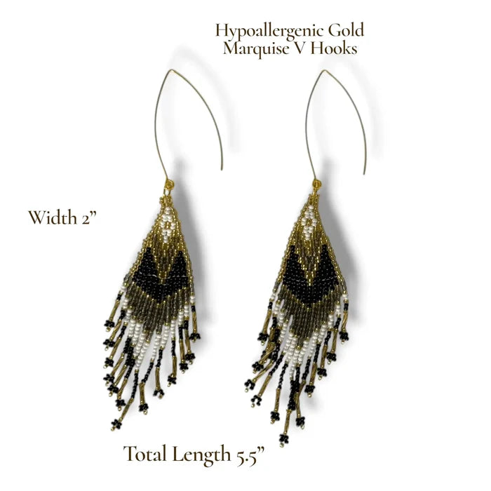 Handmade black gold beaded fringe earrings tribal diamond woven stainless steel v hooks