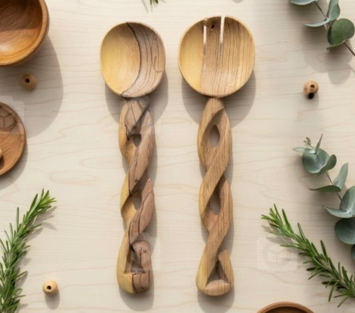 Handmade Olive Wood Salad Server Set - Twisted