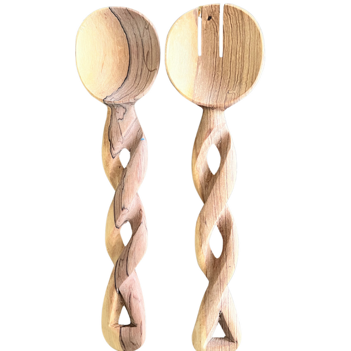 Handmade Olive Wood Salad Server Set - Twisted