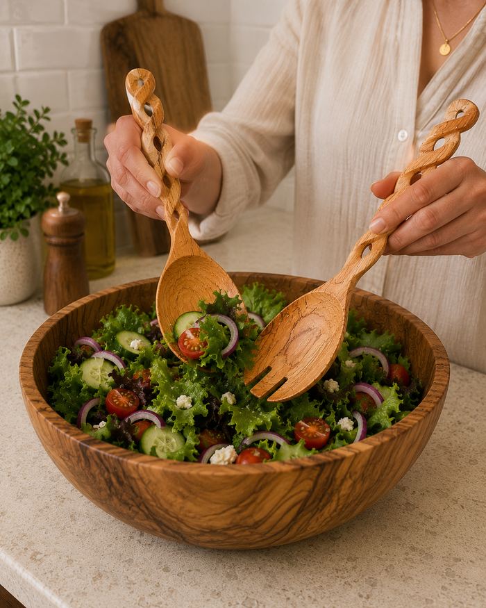 Handmade Olive Wood Salad Server Set - Twisted