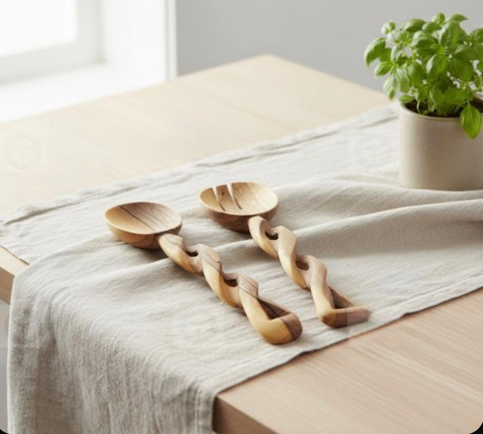 Handmade Olive Wood Salad Server Set - Twisted