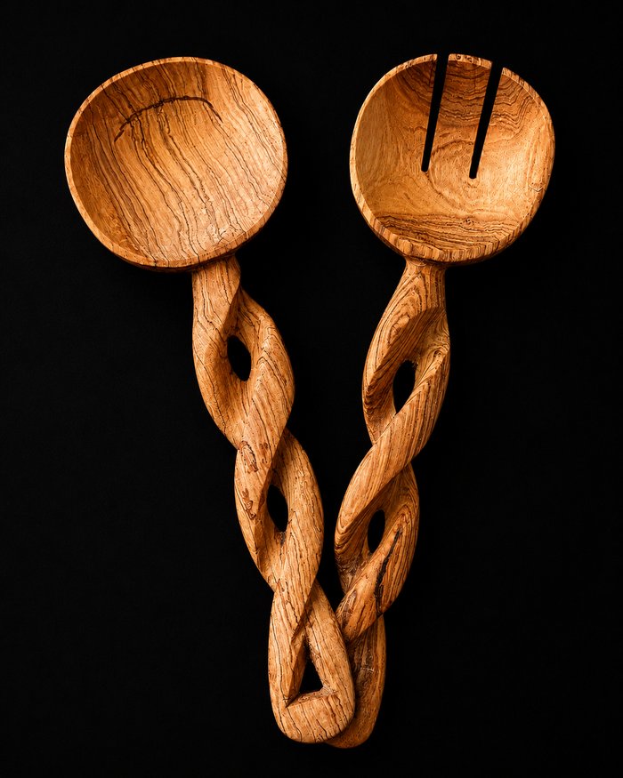 Handmade Olive Wood Salad Server Set - Twisted