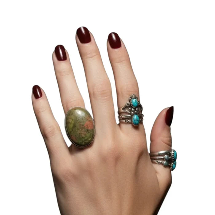 Handmade Unakite sterling silver ring with green-pink cabochon, filigree setting and split-shank band 6.75