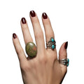 Handmade Unakite sterling silver ring with green-pink cabochon, filigree setting and split-shank band 6.75