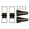 Set of metal brackets and black plastic components on a white background