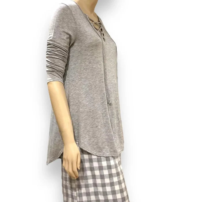 Women's Heather Gray Lace-Up V-Neck Top | Lightweight, Comfortable, and Versatile for Year-Round Style - Wild Time Fashion