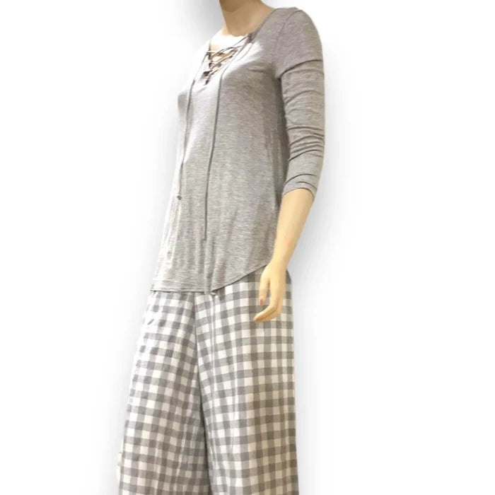 Women's Heather Gray Lace-Up V-Neck Top | Lightweight, Comfortable, and Versatile for Year-Round Style - Wild Time Fashion