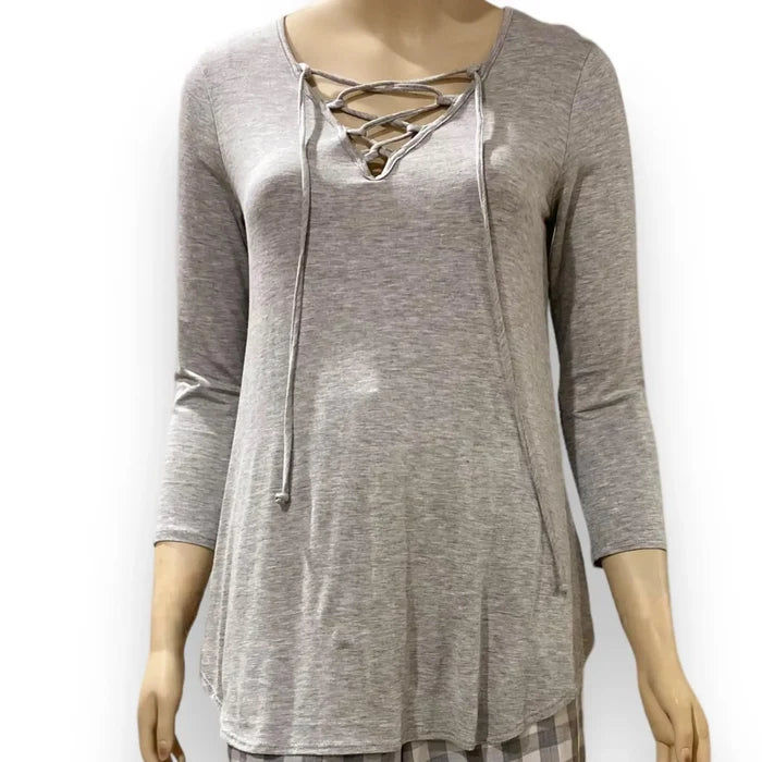 Women's Heather Gray Lace-Up V-Neck Top | Lightweight, Comfortable, and Versatile for Year-Round Style - Wild Time Fashion