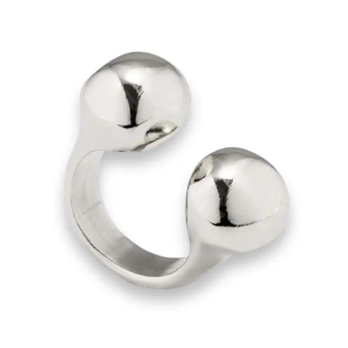 Heavy Metal Silver Cuff Ring stainless steel double metal orbs open band unisex style