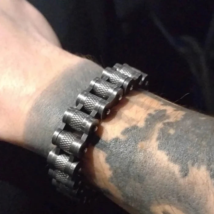 Heavy Stainless Steel Biker Link Bracelet with knurled industrial roller chain design in black and silver