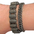 Heavy Stainless Steel Biker Link Bracelet with knurled industrial roller chain design in black and silver