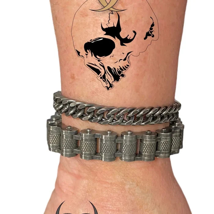 Heavy Stainless Steel Biker Link Bracelet with knurled industrial roller chain design in black and silver