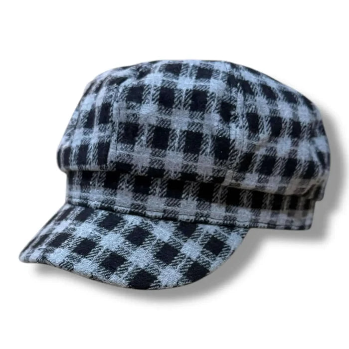 flat lay Heritage Checks Baker Boy Cap  gray black tweed with 8 panel crown and curved brim / one size