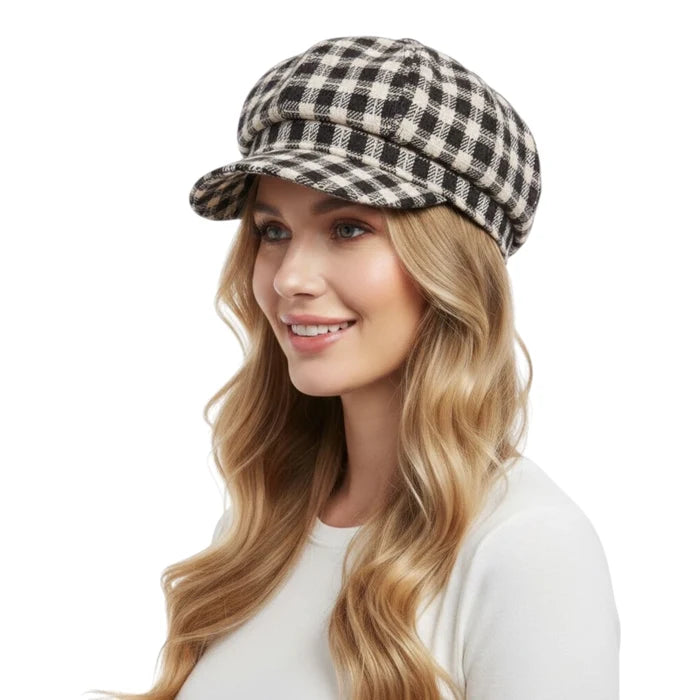 model wearing Heritage Checks Baker Boy Cap in brown cream tweed with 8 panel crown and curved brim / one size