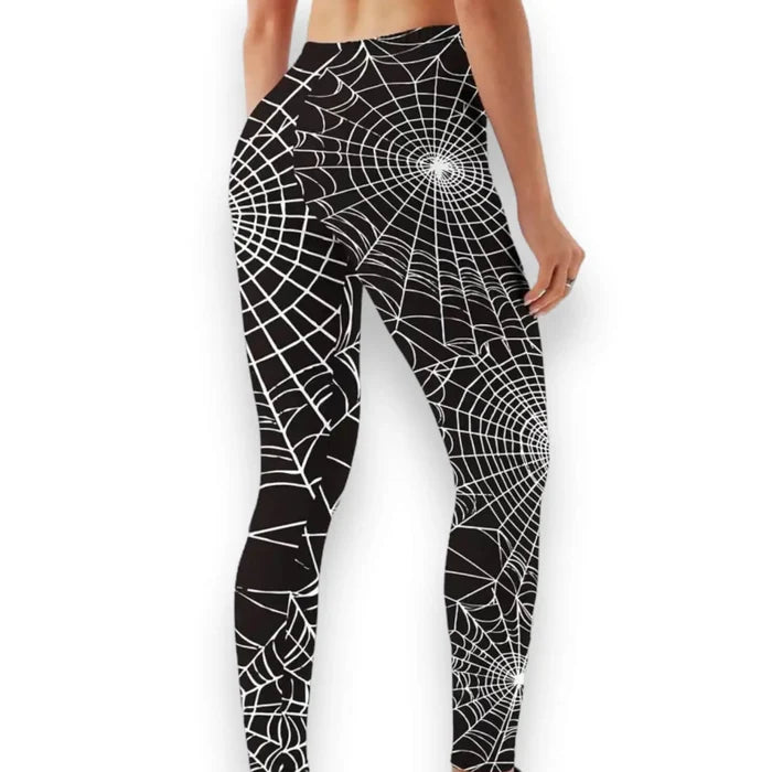 Black leggings with white spiderweb pattern back view on model