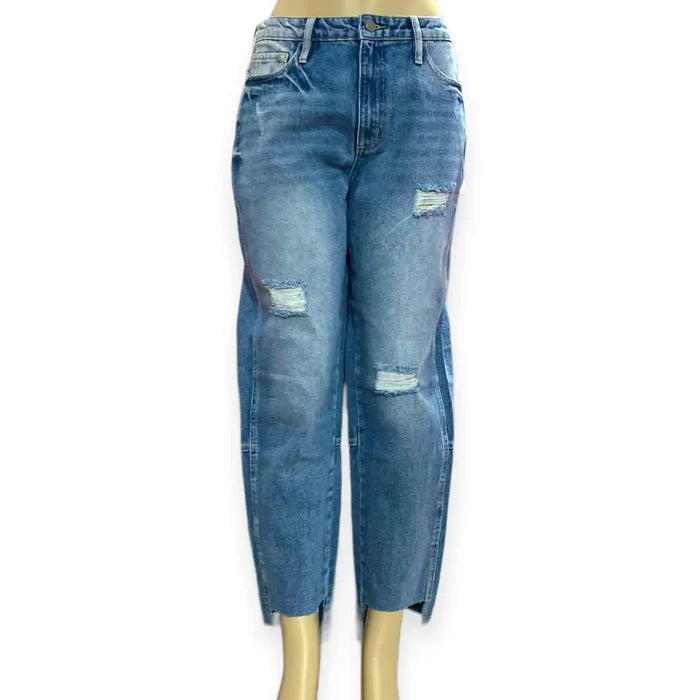High rise distressed straight leg cropped jeans in light blue with frayed hem and faded denim, Buffalo David Bitton