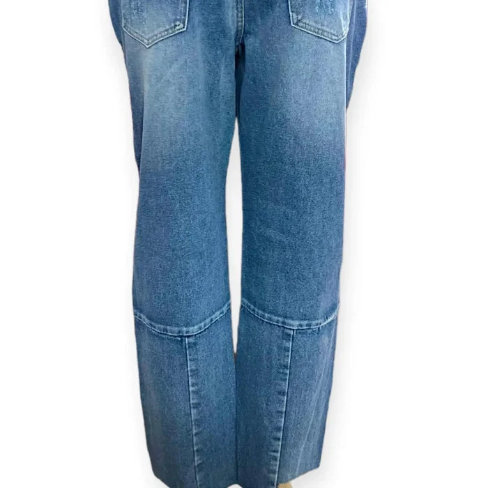 High rise distressed straight leg cropped jeans in light blue with frayed hem and faded denim, Buffalo David Bitton backside