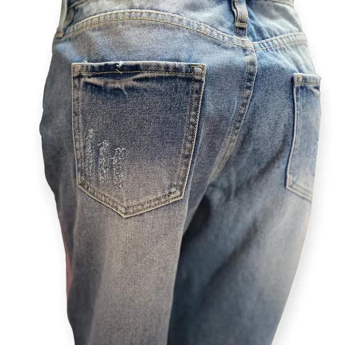 High rise distressed straight leg cropped jeans in light blue with frayed hem and faded denim, Buffalo David Bitton rear pockets