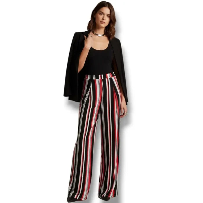 Model wearing High Rise Elongated Striped Wide Leg Pants with a black bodysuit top