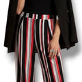 Model wearing High Rise Elongated Striped Wide Leg Pants with a black blazer bodysuit close up