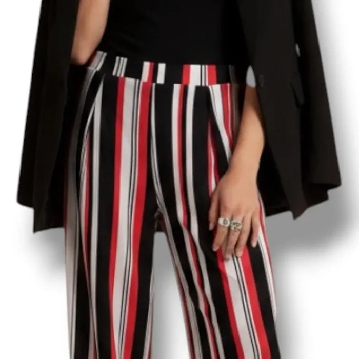 Model wearing High Rise Elongated Striped Wide Leg Pants with a black blazer bodysuit close up