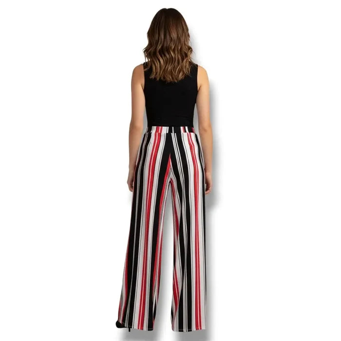 back view of model wearing High Rise Elongated Striped Wide Leg Pants with a black sleeveless top