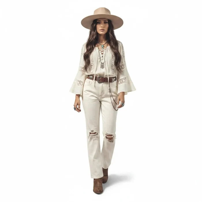 High Rise White Ripped Knee Straight Leg Jeans with ripped knees, brown stitching and cropped off-white denim fit