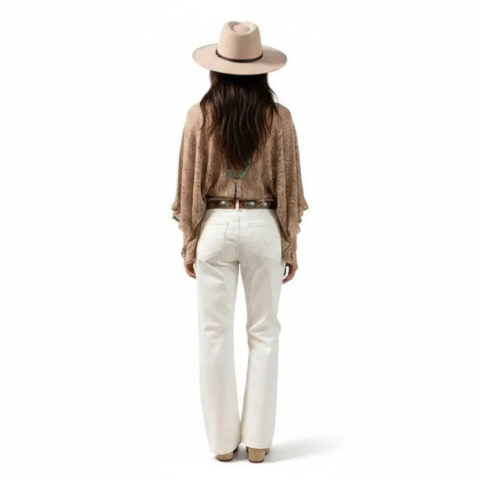 High Rise White Ripped Knee Straight Leg Jeans with ripped knees, brown stitching and cropped off-white denim fit