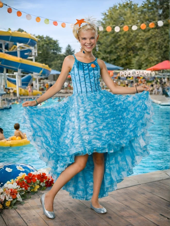 Kids Sharpay musical star tiered blue dress for school plays by The Fancy Dress

Woman in a blue dress standing by a pool with water slides and people in the background