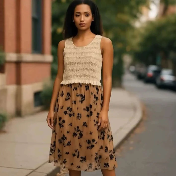 High waist floral tulle midi skirt with sheer floral overlay, layered flow and elastic waistband brown