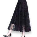 High waist floral tulle midi skirt with sheer floral overlay, layered flow and elastic waistband black