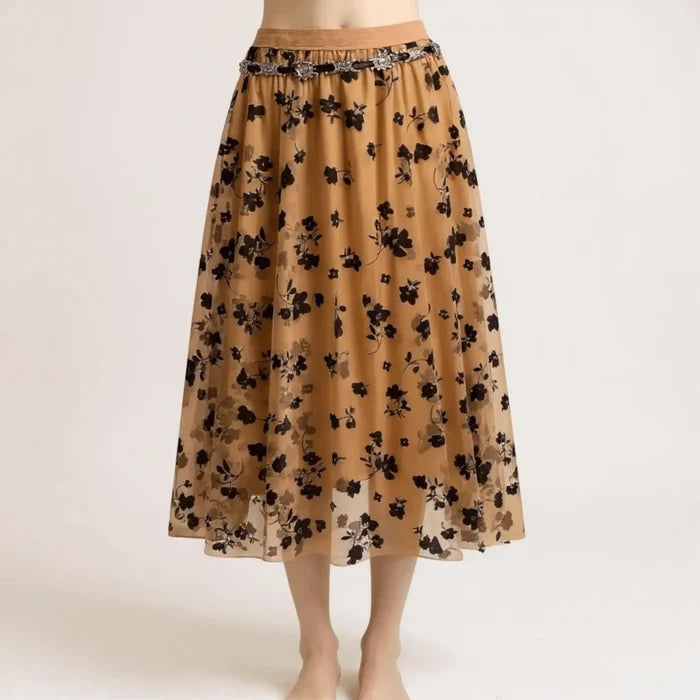 High waist floral tulle midi skirt with sheer floral overlay, layered flow and elastic waistband brown