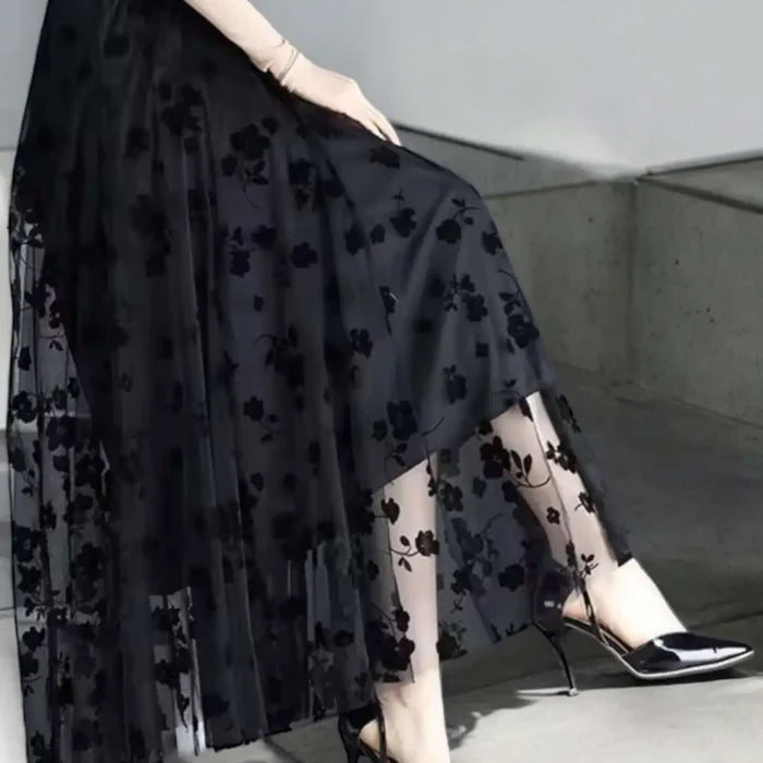 High waist floral tulle midi skirt with sheer floral overlay, layered flow and elastic waistband black