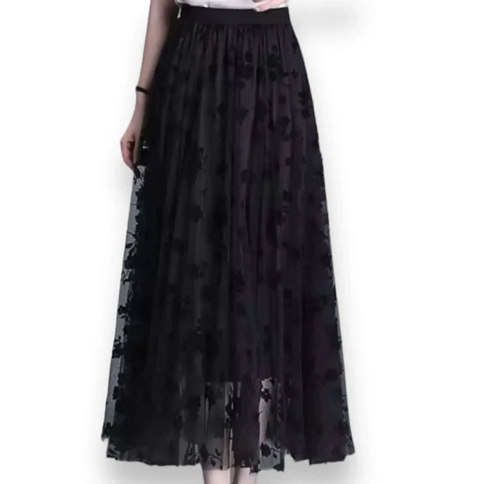 High waist floral tulle midi skirt with sheer floral overlay, layered flow and elastic waistband black