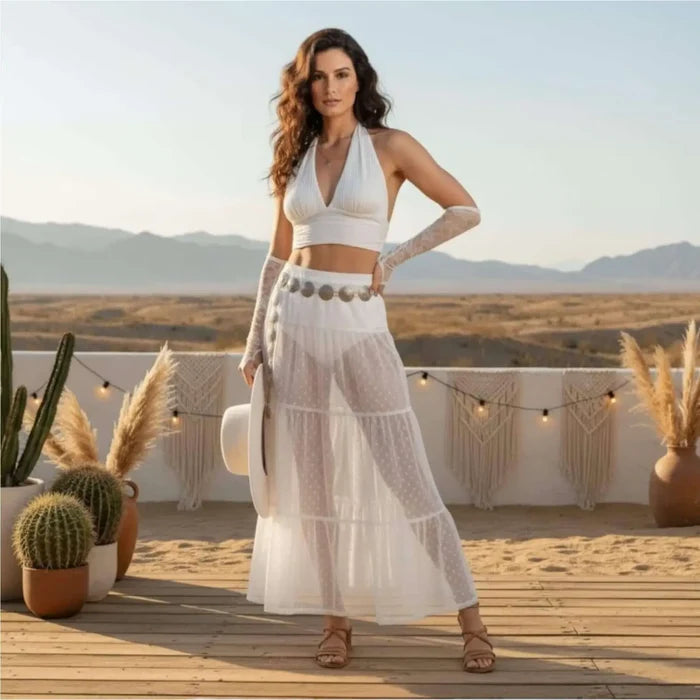 High waist polka dot mesh maxi skirt with sheer A-line overlay and elastic waist for boho styling white