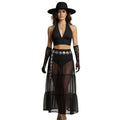 High waist polka dot mesh maxi skirt with sheer A-line overlay and elastic waist for boho styling black