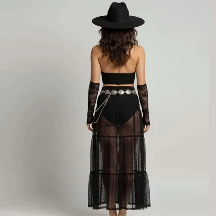 High waist polka dot mesh maxi skirt with sheer A-line overlay and elastic waist for boho styling black