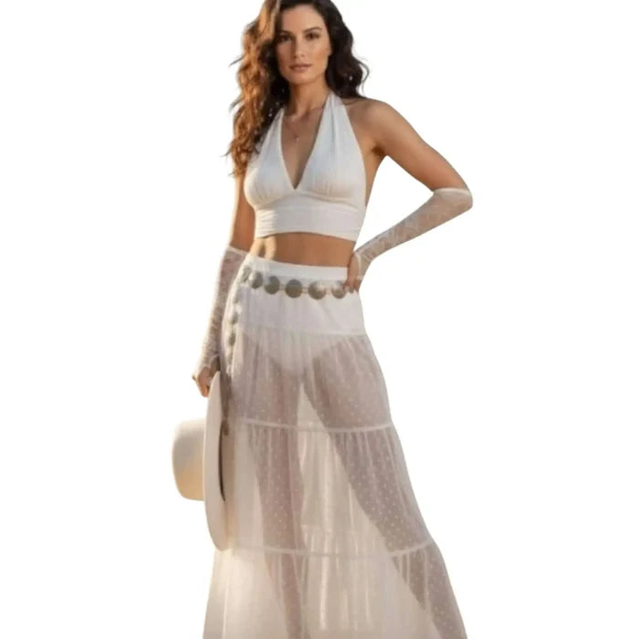High waist polka dot mesh maxi skirt with sheer A-line overlay and elastic waist for boho styling white