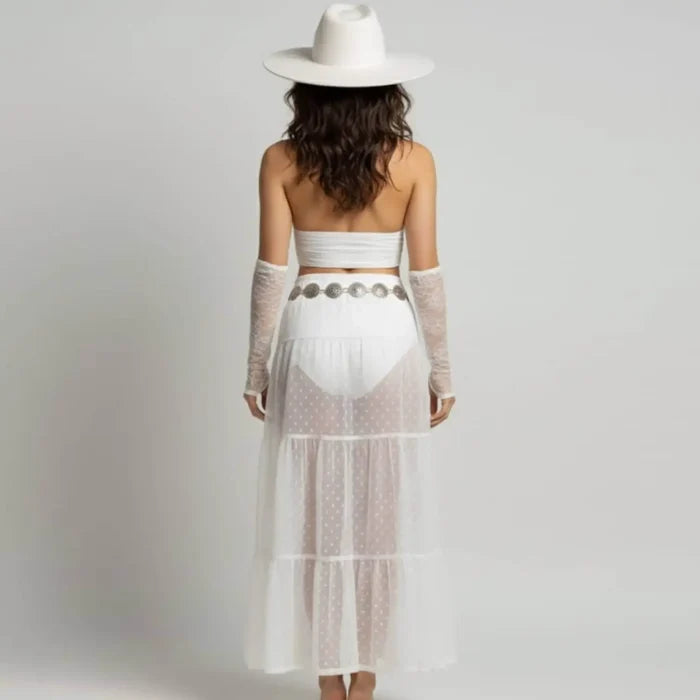 High waist polka dot mesh maxi skirt with sheer A-line overlay and elastic waist for boho styling white