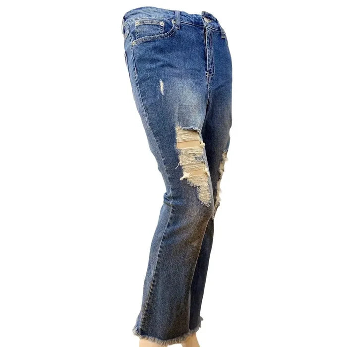 High Waisted Distressed Straight Leg Jeans with destroyed knees and frayed hem/ women's