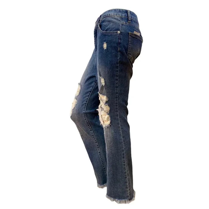 High Waisted Distressed Straight Leg Jeans with destroyed knees and frayed hem/ women's