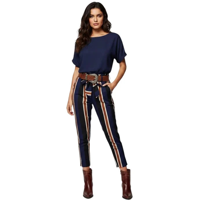 High Waisted Elongated Bold Striped Pants Navy Black Rust White Cropped Medium