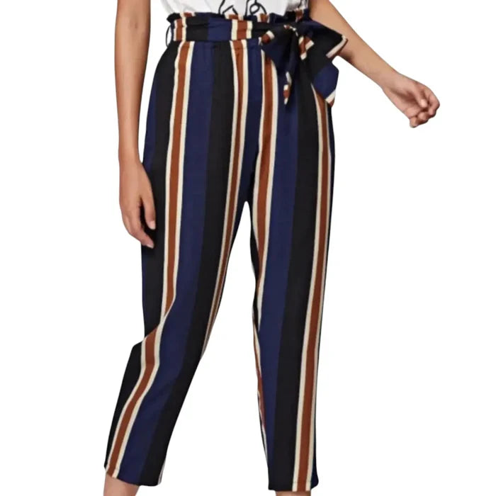 High Waisted Elongated Bold Striped Pants Navy Black Rust White Cropped Medium