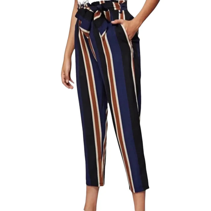 High Waisted Elongated Bold Striped Pants Navy Black Rust White Cropped Medium