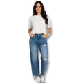 plus high rise straight leg ankle jeans in faded blue front view size 18