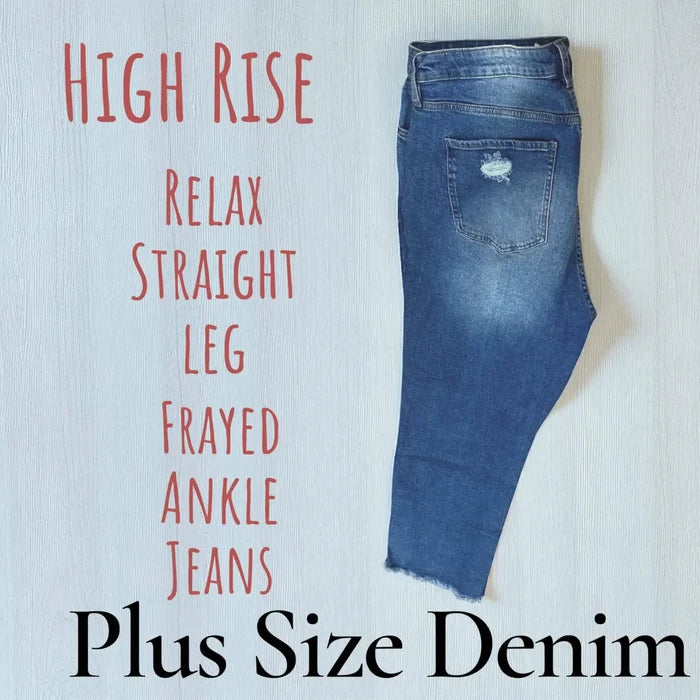 plus size distressed blue jeans frayed hem straight leg ankle jeans with graphic info