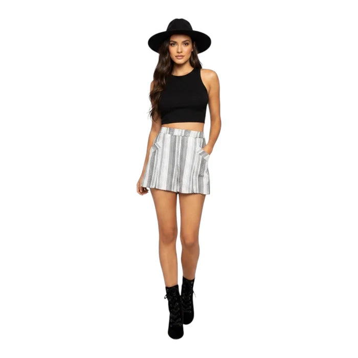 Woman wearing fedora, crop top, High Waisted Striped Front Pockets Shorts variegated woven white to gray stripes, wide leg fit, zipper closure/ women's/ 12