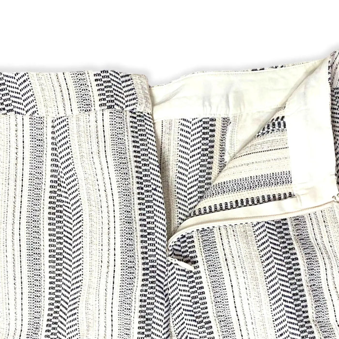 close up of tailored shorts High Waisted Striped Front Pockets Shorts variegated woven white to gray stripes, wide leg fit, zipper closure/ women's/ 12